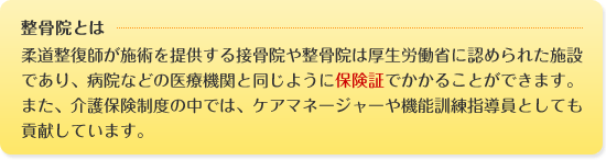 整骨院とは 柔道整復師が施術を提供する接骨院や整骨院は厚生労働省に認められた施設であり、病院などの医療機関と同じように保険証でかかることができます。また、介護保険制度の中では、ケアマネージャーや機能訓練指導員としても貢献しています。